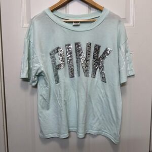 PINK Victoria's Secret Womens T-Shirt L Mint Green Sequin Logo Casual Stretch